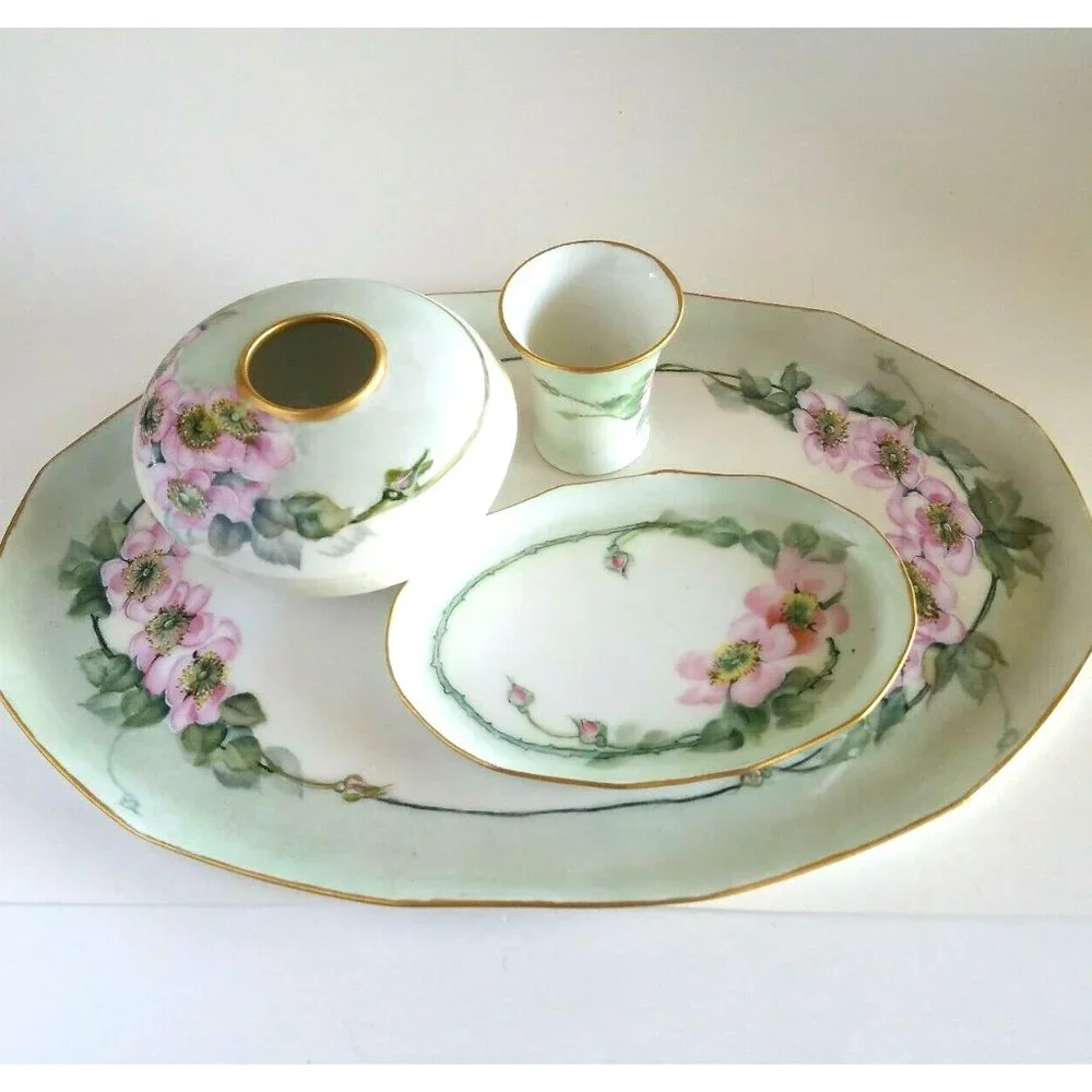 Antique MZ AUSTRIA Porcelain Hand Painted Flowers Vanity/Dresser Set 4 pieces